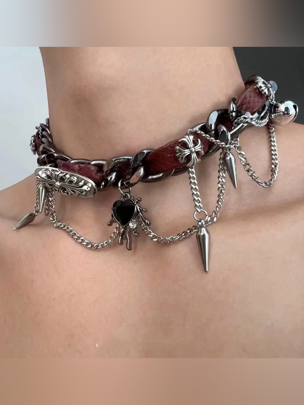 Silver Spike Charm Chain Bracelet with Burgundy Leather